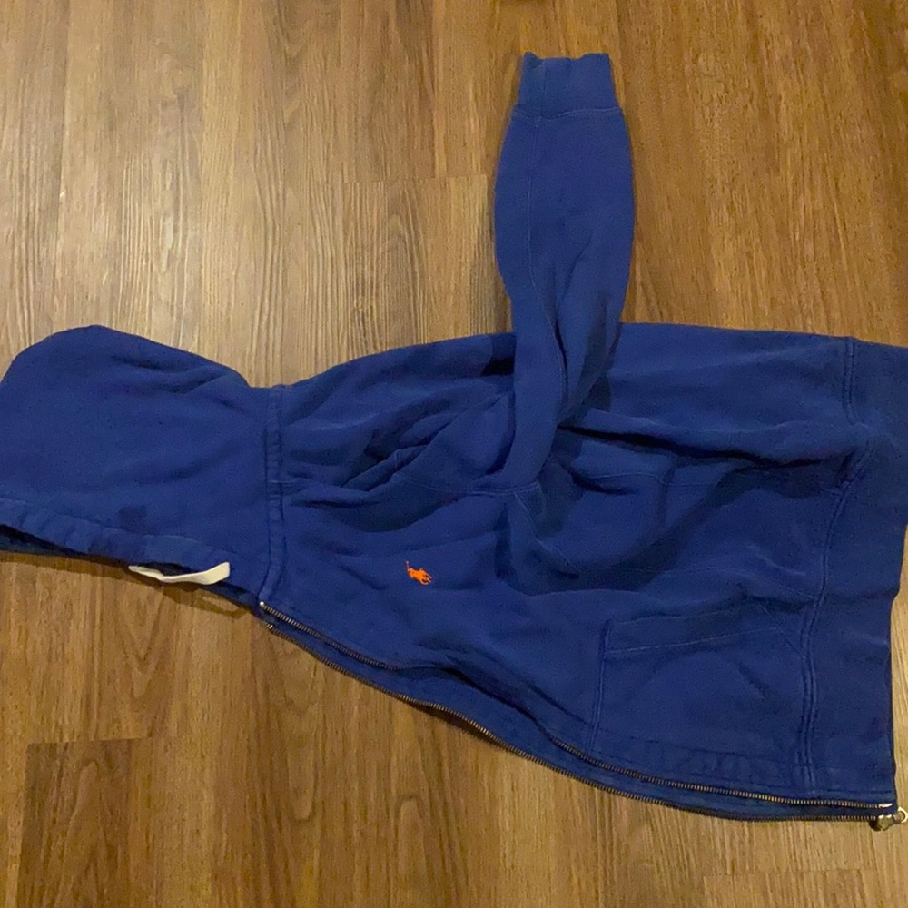 Blue Polo Hoodie with Orange Logo (Slightly Faded)